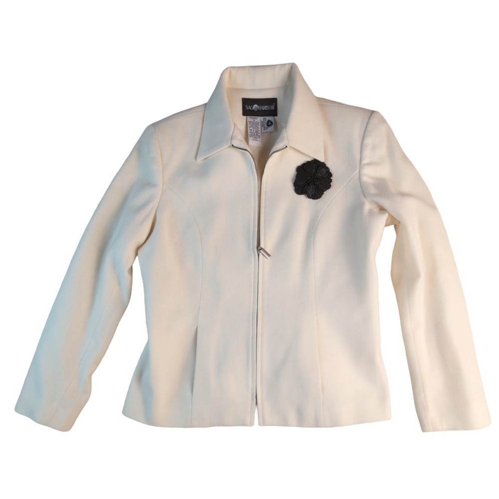 Sag Harbor Women's Cream Wool Blend Zip Jacket Beaded‎ Sequin Flower Pin Size 8